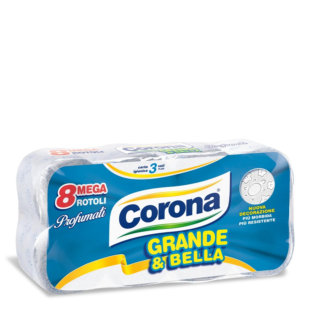 CORONA GRANDE E BELLA CARTA IGIENICA 3 VELI - 8 MEGA ROTOLI PROFUMATI