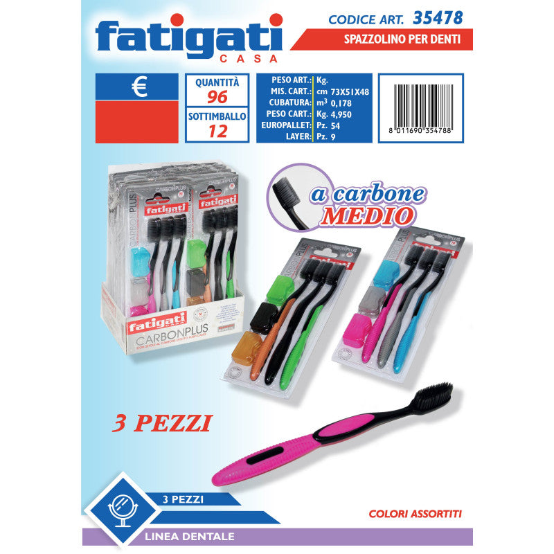 FATIGATI 3 SPAZZOLINI CON COPRITESTINA - SETOLE AL CARBONE